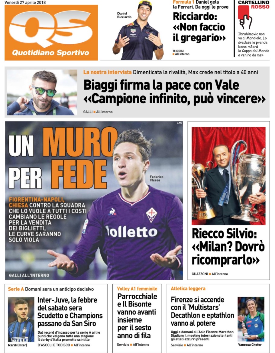 Quotidiani: la prima pagina di Qs, Stadio, Gazzetta, Corriere dello Sport, Tuttosport