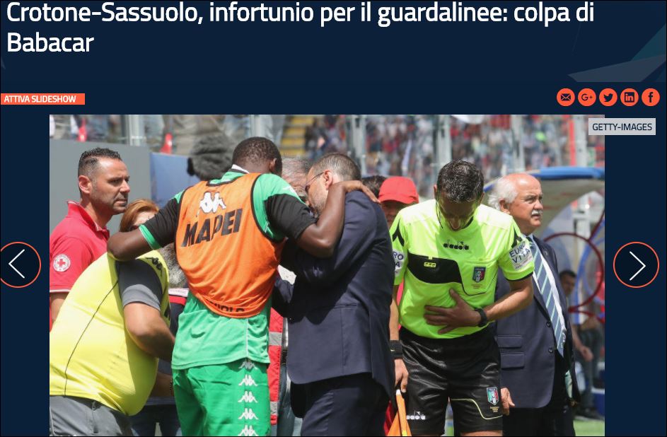 Crotone-Sassuolo, guardalinee infortunato dopo scontro con Babacar