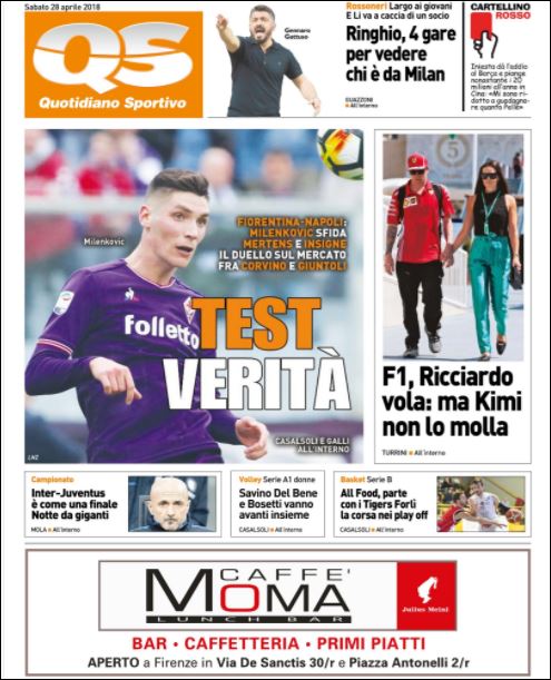 Quotidiani: la prima pagina di Qs, Stadio, Gazzetta, Corriere dello Sport, Tuttosport