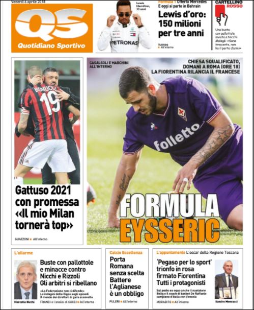 Quotidiani: la prima pagina di Qs, Stadio, Gazzetta, Corriere dello Sport, Tuttosport