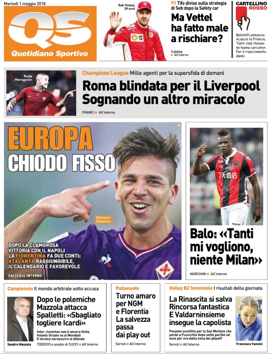 Quotidiani: la prima pagina di Qs, Stadio, Gazzetta, Corriere dello Sport, Tuttosport