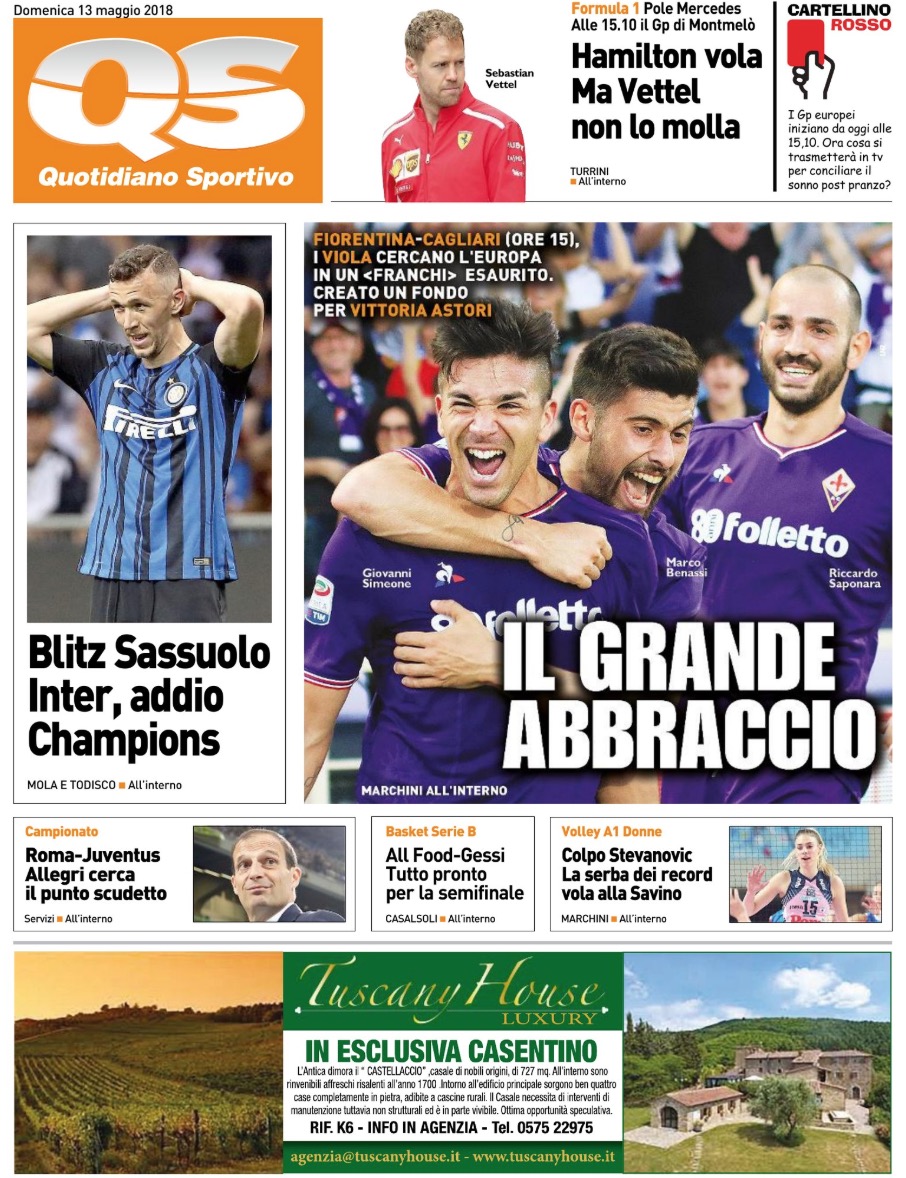 Quotidiani: la prima pagina di Qs, Stadio, Gazzetta, Corriere dello Sport, Tuttosport