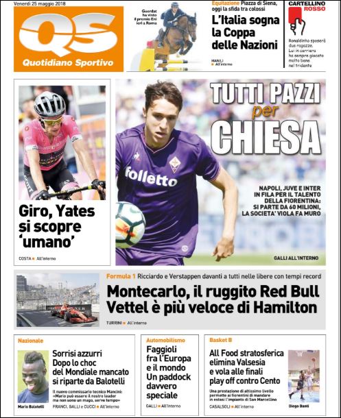 Quotidiani: la prima pagina di Qs, Stadio, Gazzetta, Corriere dello Sport, Tuttosport