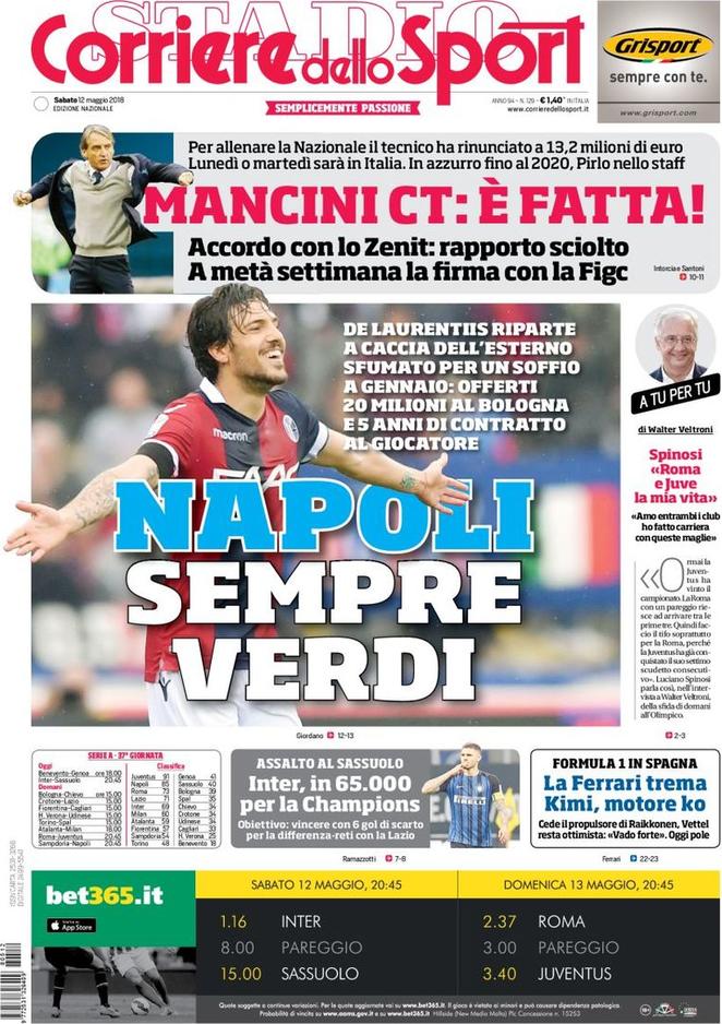 Quotidiani: la prima pagina di Qs, Stadio, Gazzetta, Corriere dello Sport, Tuttosport