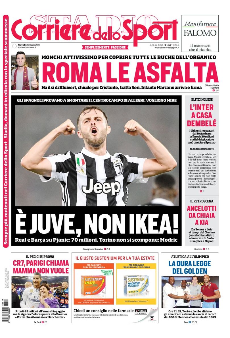 Quotidiani: la prima pagina di Qs, Stadio, Gazzetta, Corriere dello Sport, Tuttosport