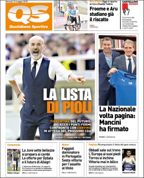 Quotidiani: la prima pagina di Qs, Stadio, Gazzetta, Corriere dello Sport, Tuttosport