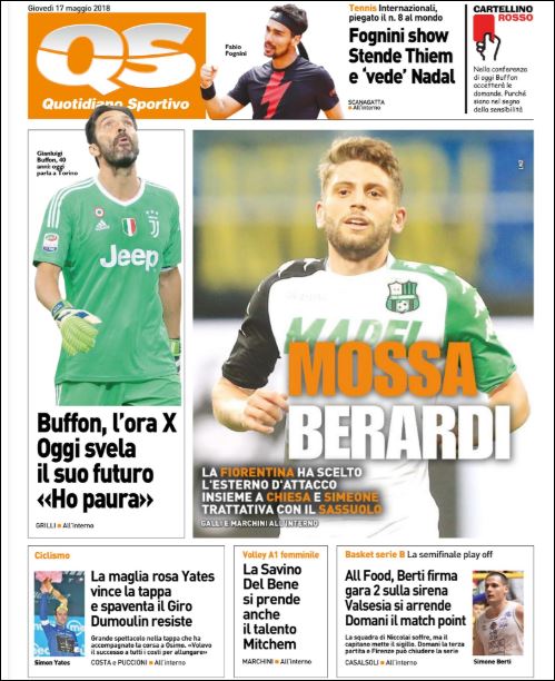 Quotidiani: la prima pagina di Qs, Stadio, Gazzetta, Corriere dello Sport, Tuttosport