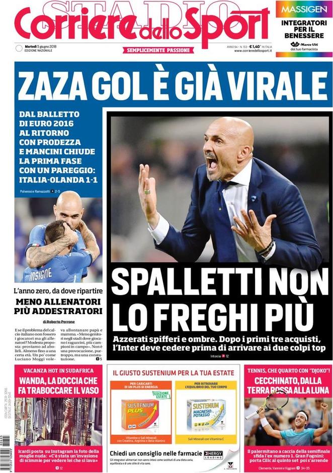 Quotidiani: la prima pagina di Qs, Stadio, Gazzetta, Corriere dello Sport, Tuttosport