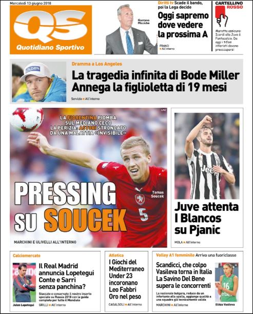 Quotidiani: la prima pagina di Qs, Stadio, Gazzetta, Corriere dello Sport, Tuttosport