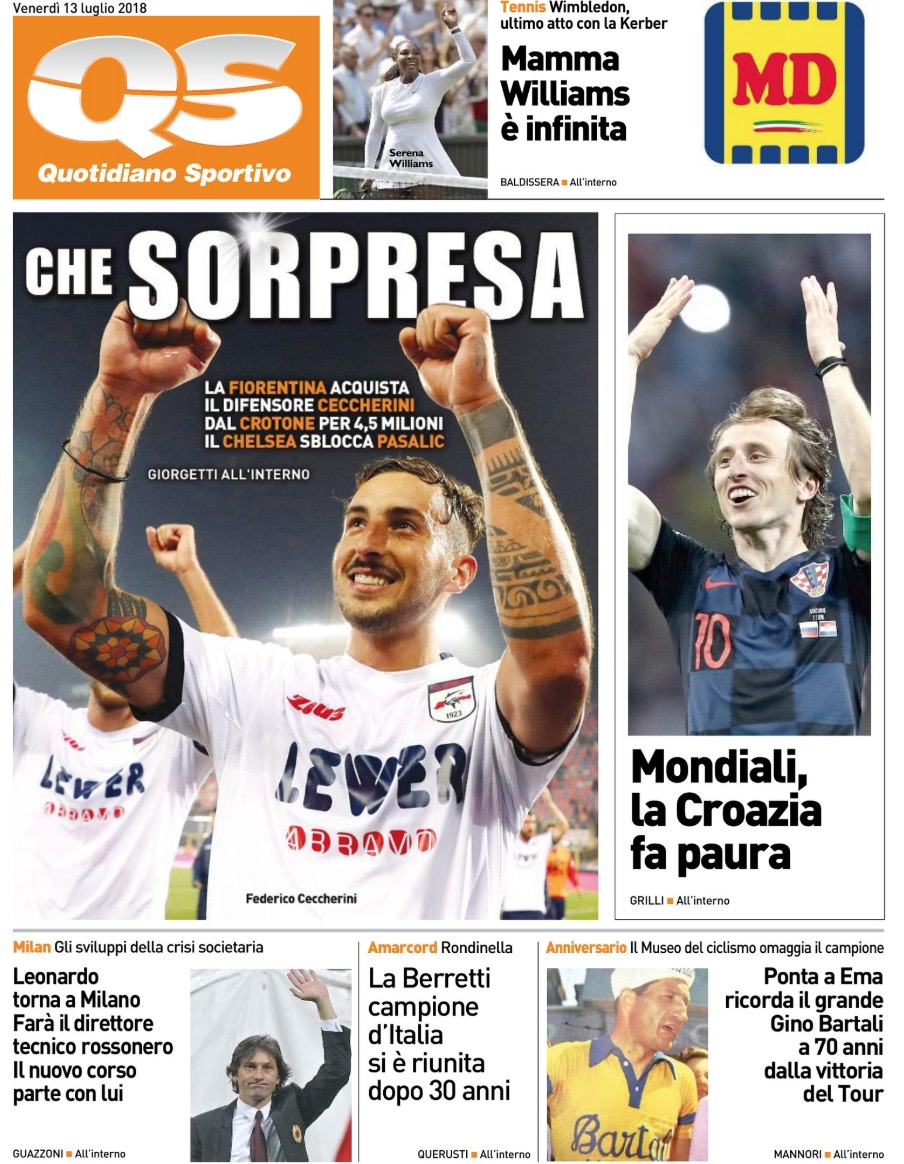 Quotidiani: la prima pagina di Qs, Stadio, Gazzetta, Corriere dello Sport, Tuttosport
