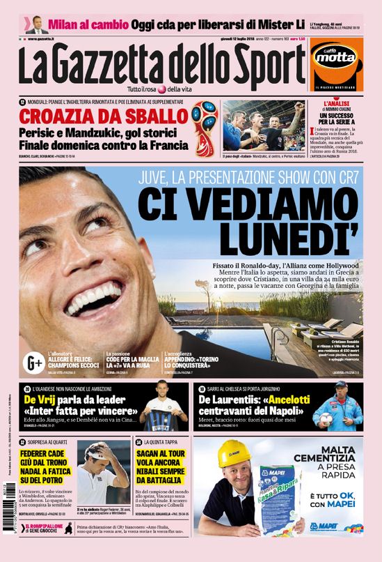 Quotidiani: la prima pagina di Qs, Stadio, Gazzetta, Corriere dello Sport, Tuttosport