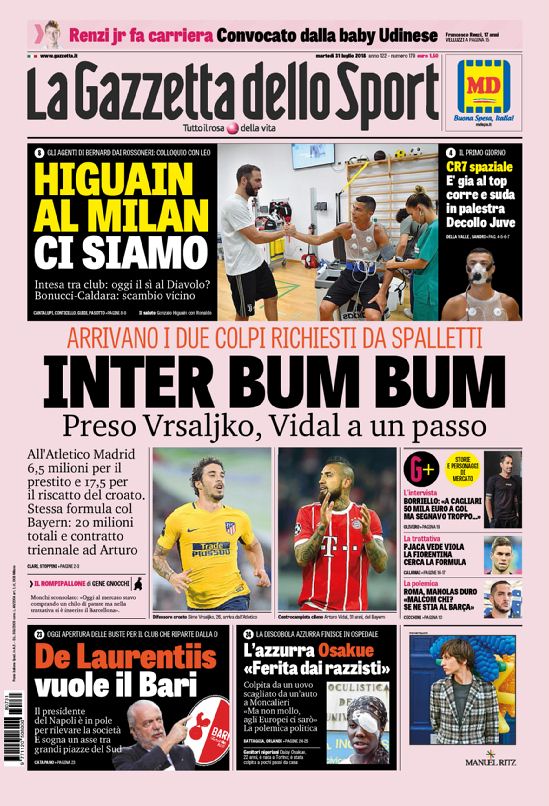 Quotidiani: la prima pagina di Qs, Stadio, Gazzetta, Corriere dello Sport, Tuttosport