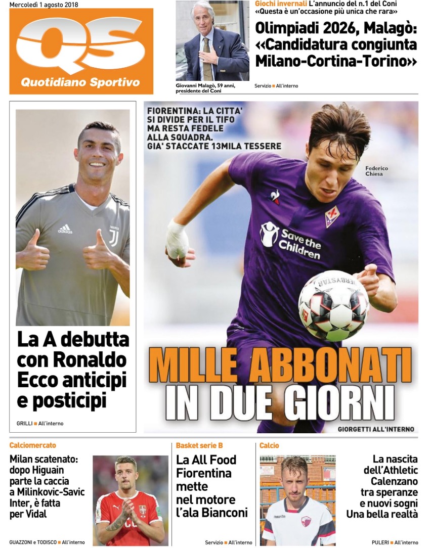 Quotidiani: la prima pagina di Qs, Stadio, Gazzetta, Corriere dello Sport, Tuttosport