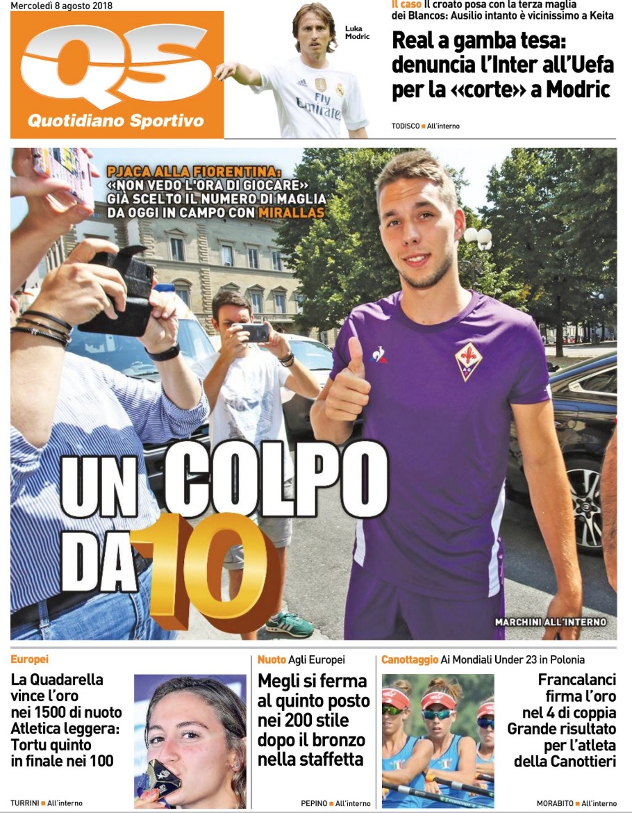 Quotidiani: la prima pagina di Qs, Stadio, Gazzetta, Corriere dello Sport, Tuttosport