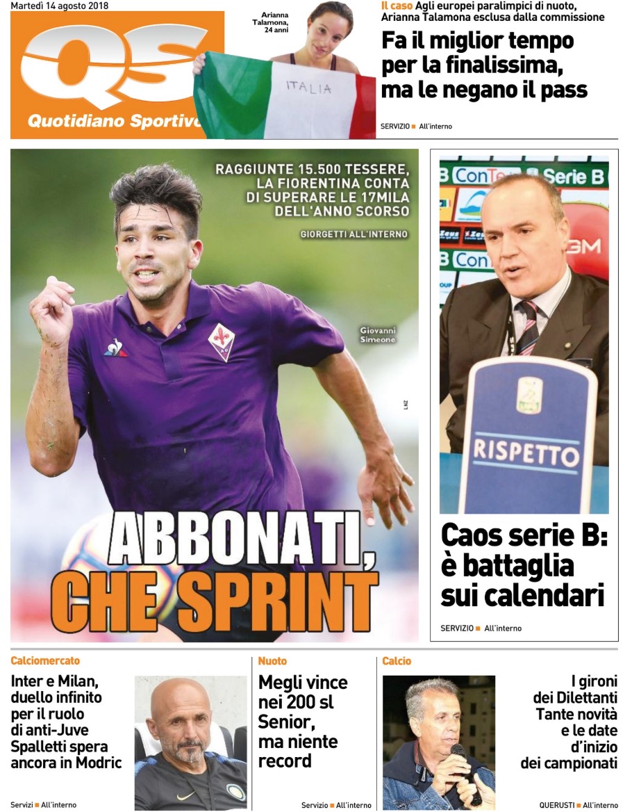 Quotidiani: la prima pagina di Qs, Stadio, Gazzetta, Corriere dello Sport, Tuttosport
