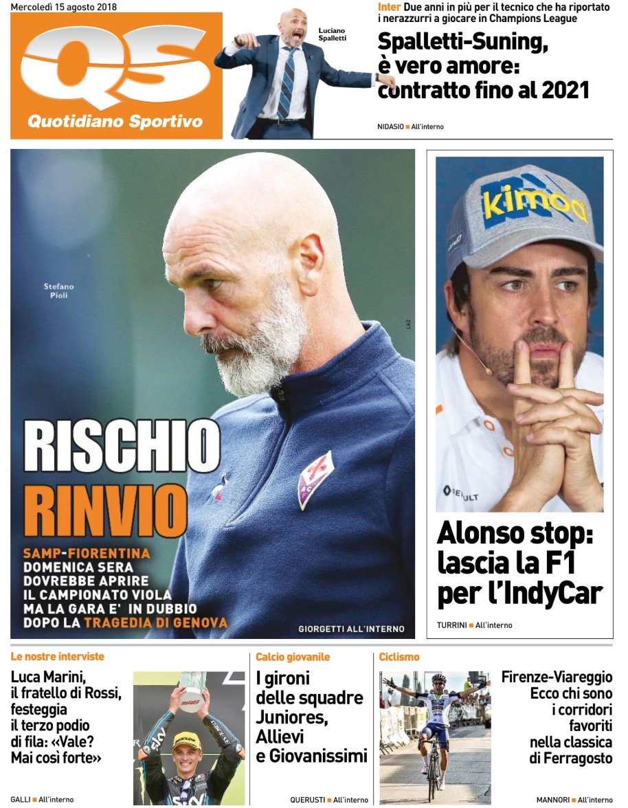 Quotidiani: la prima pagina di Qs, Stadio, Gazzetta, Corriere dello Sport, Tuttosport