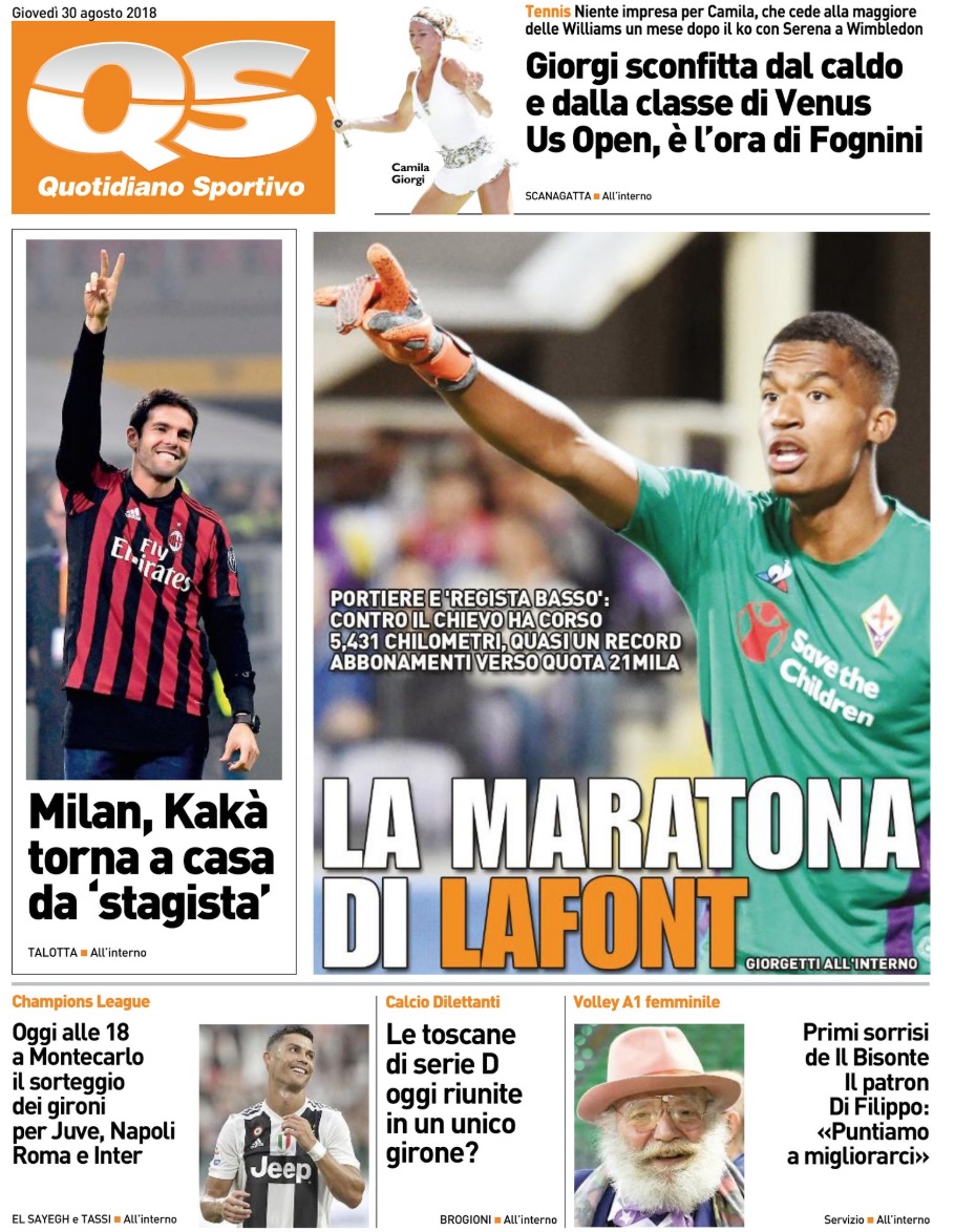Quotidiani: la prima pagina di Qs, Stadio, Gazzetta, Corriere dello Sport, Tuttosport