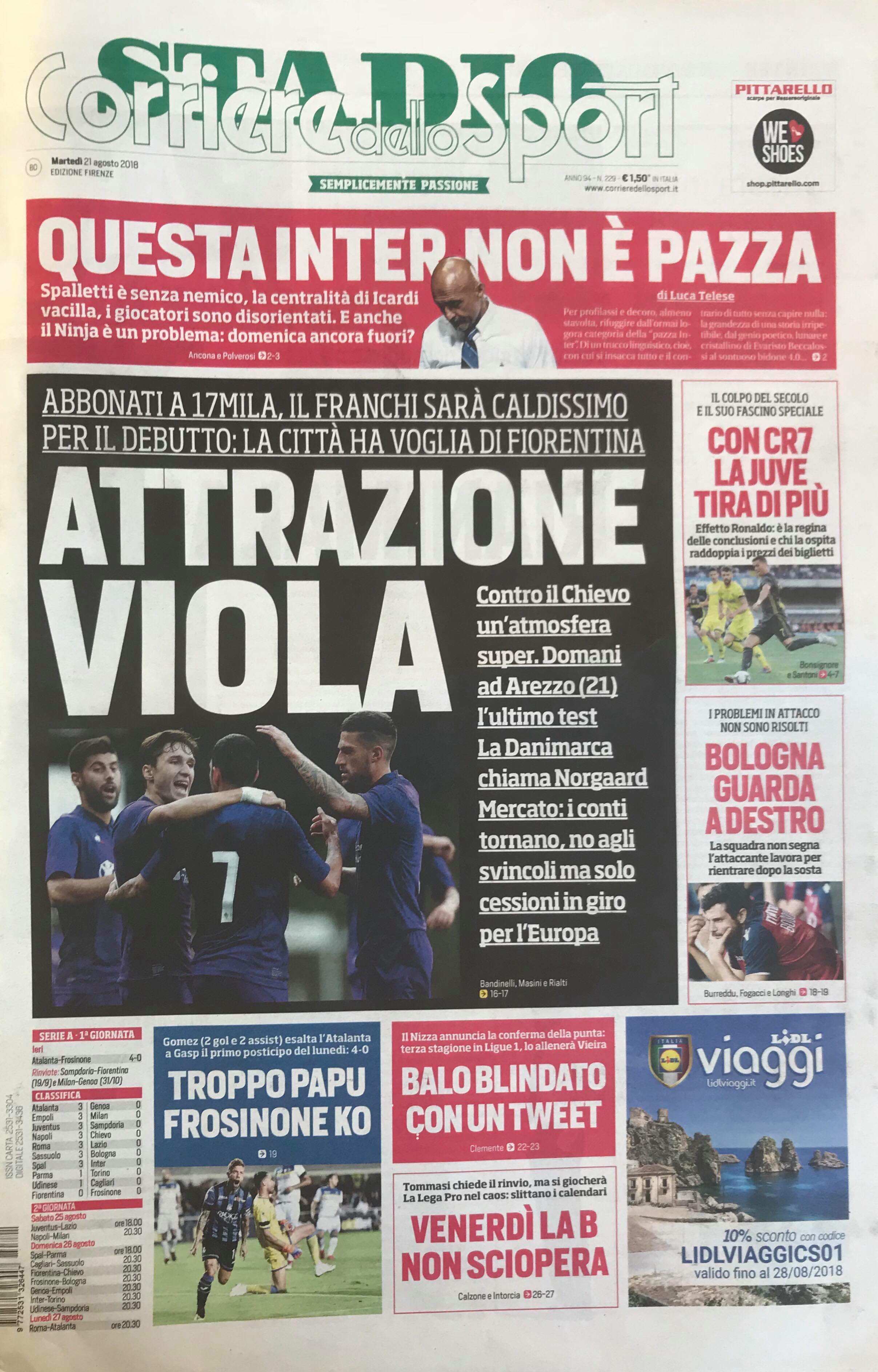Quotidiani: la prima pagina di Qs, Stadio, Gazzetta, Corriere dello Sport, Tuttosport