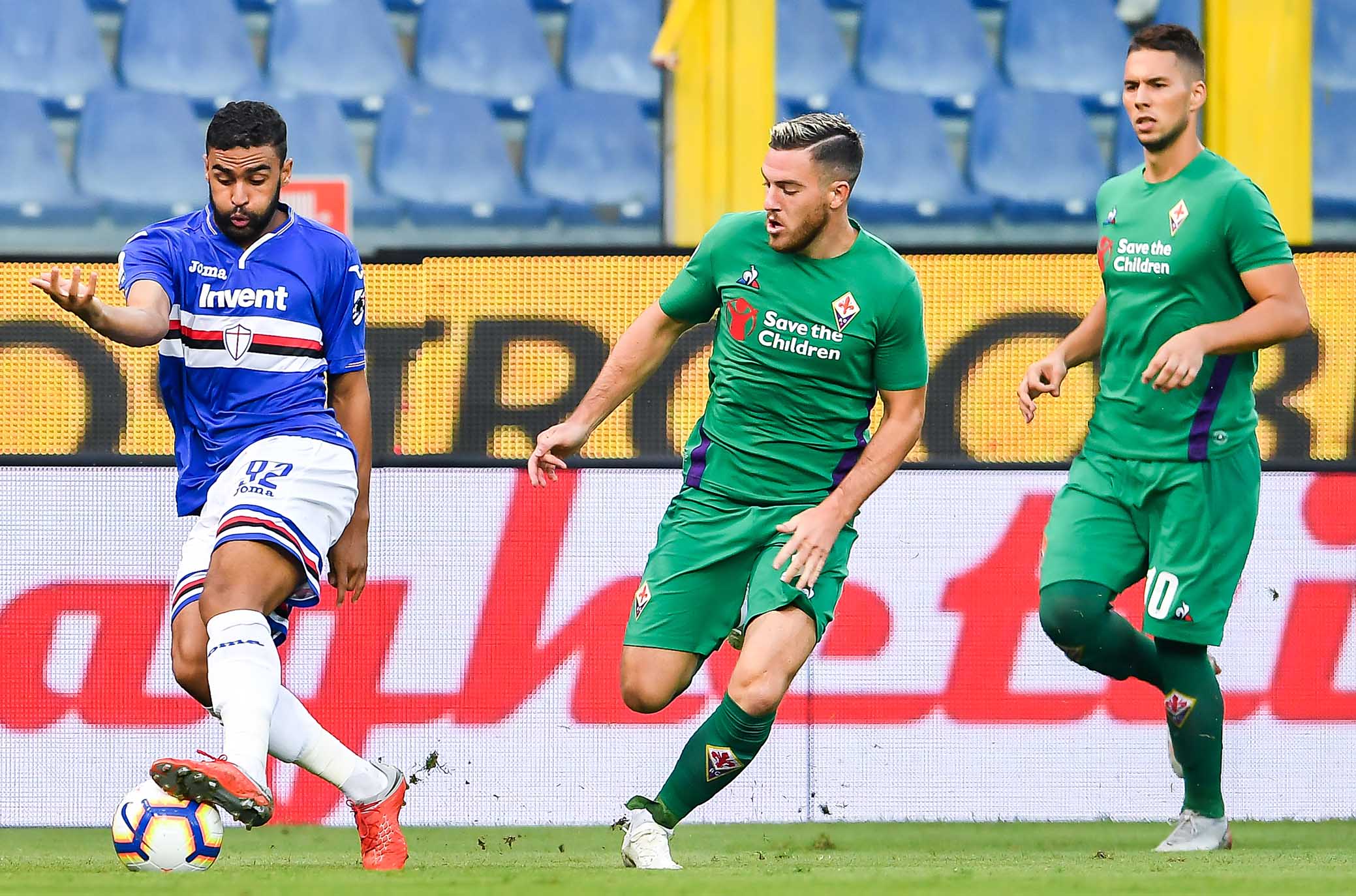 Genova, 19/09/2018 Serie A/Sampdoria-Fiorentina Andre Gregoire Defrel-Cristiano Biraghi-Marko Pjaca, SILPRESS