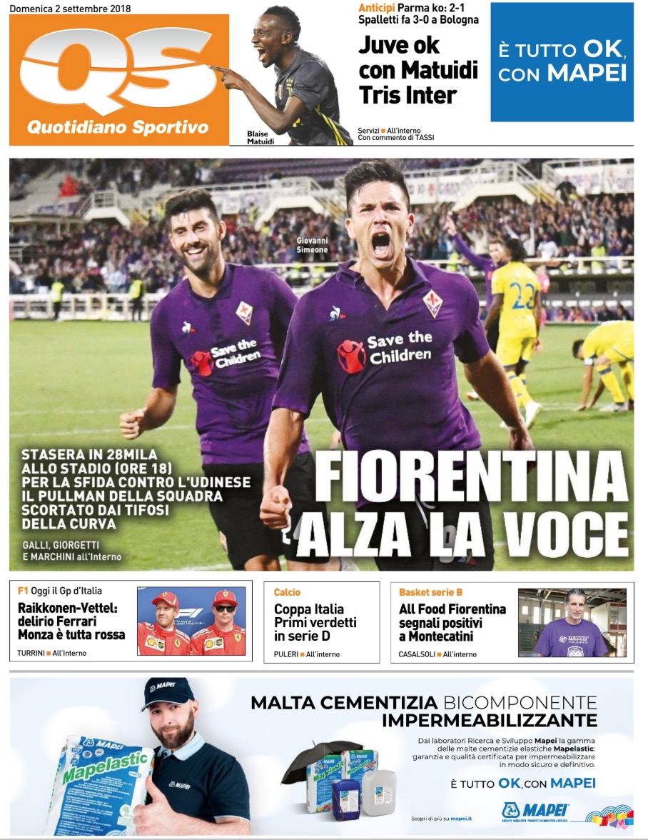 Quotidiani: la prima pagina di Qs, Stadio, Gazzetta, Corriere dello Sport, Tuttosport