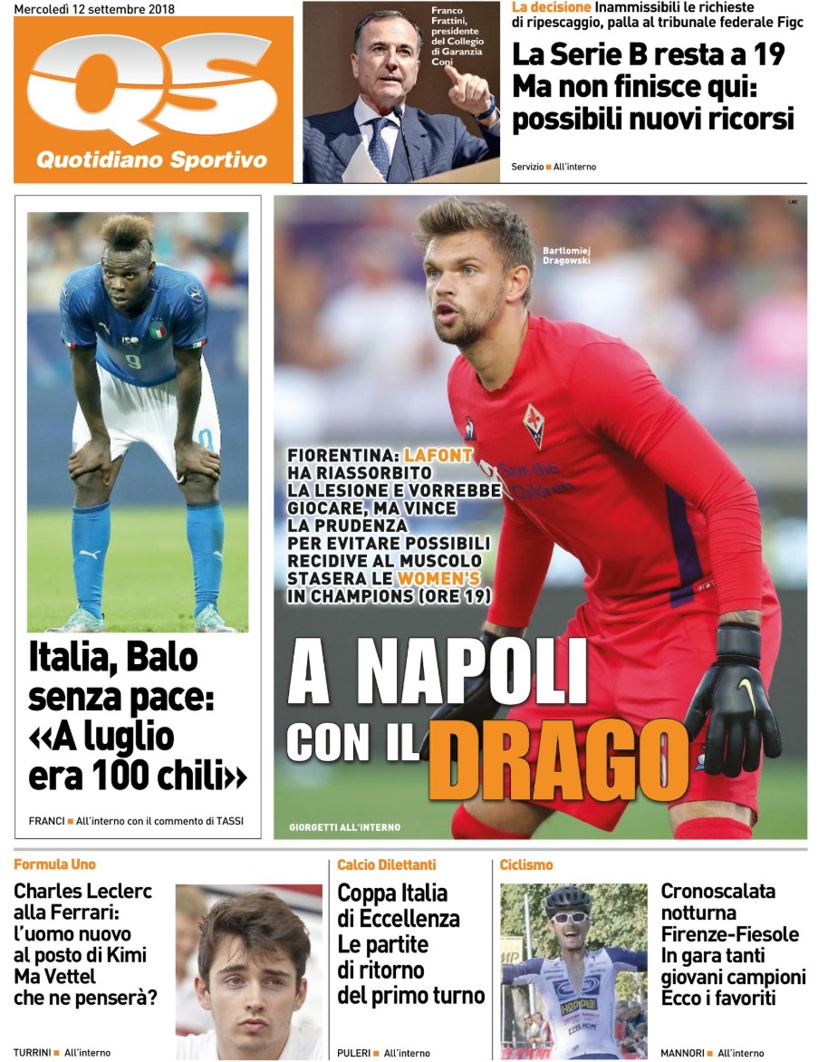 Quotidiani: la prima pagina di Qs, Stadio, Gazzetta, Corriere dello Sport, Tuttosport