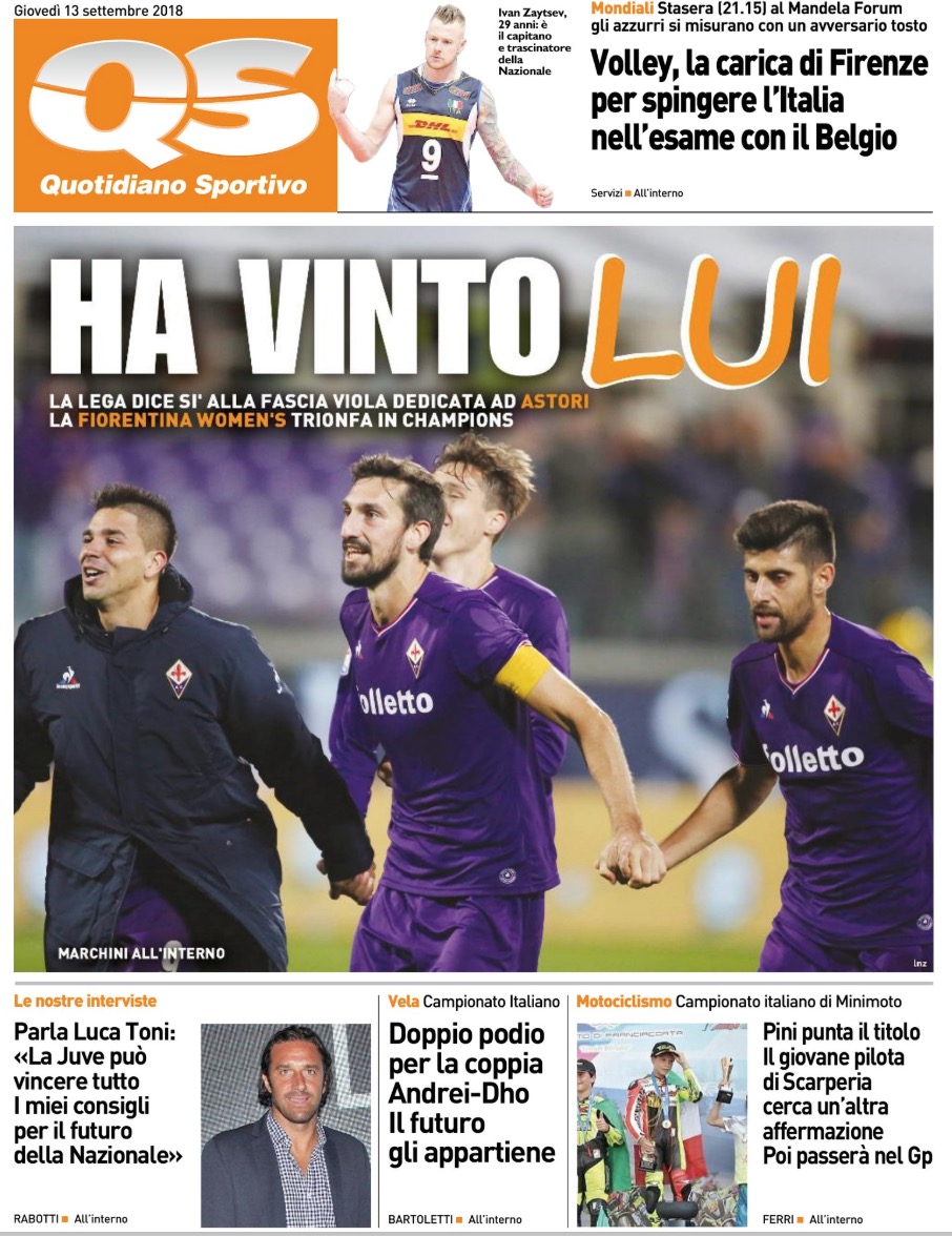 Quotidiani: la prima pagina di Qs, Stadio, Gazzetta, Corriere dello Sport, Tuttosport