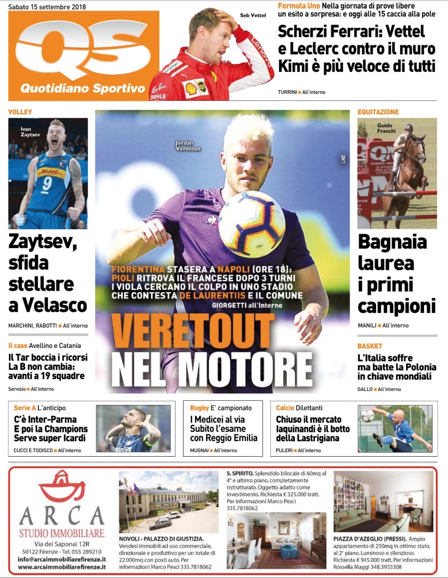 Quotidiani: la prima pagina di Qs, Stadio, Gazzetta, Corriere dello Sport, Tuttosport