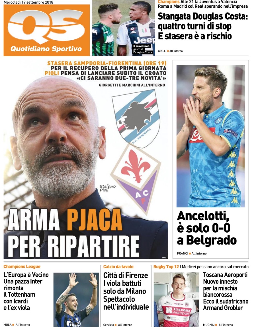 Quotidiani: la prima pagina di Qs, Stadio, Gazzetta, Corriere dello Sport, Tuttosport