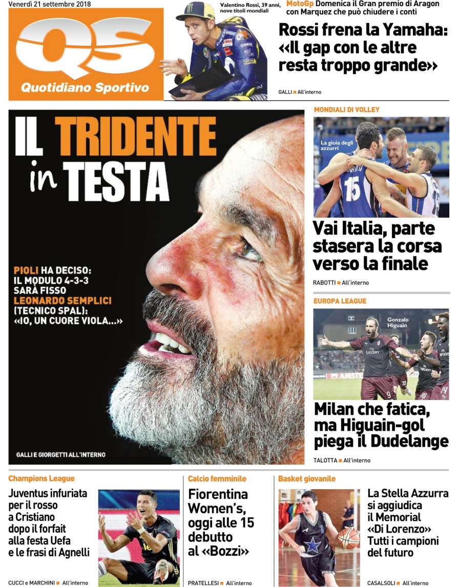 Quotidiani: la prima pagina di Qs, Stadio, Gazzetta, Corriere dello Sport, Tuttosport