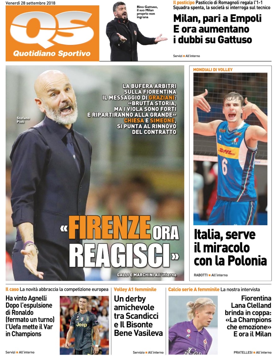 Quotidiani: la prima pagina di Qs, Stadio, Gazzetta, Corriere dello Sport e Tuttosport