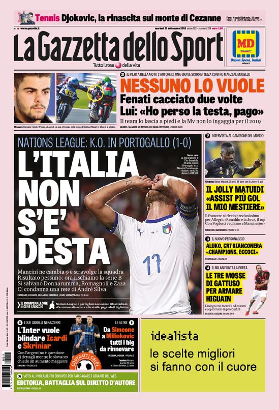 Quotidiani: la prima pagina di Qs, Stadio, Gazzetta, Corriere dello Sport, Tuttosport