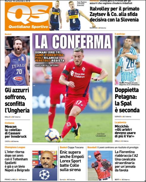Quotidiani: la prima pagina di Qs, Stadio, Gazzetta, Corriere dello Sport, Tuttosport