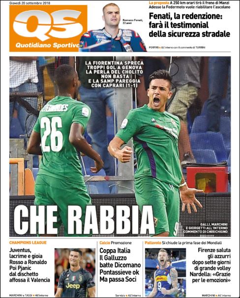 Quotidiani: la prima pagina di Qs, Stadio, Gazzetta, Corriere dello Sport, Tuttosport
