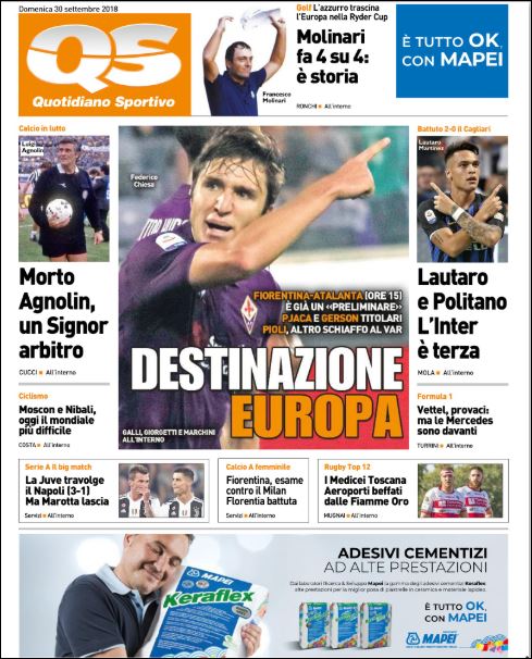 Quotidiani: la prima pagina di Qs, Stadio, Gazzetta, Corriere dello Sport, Tuttosport