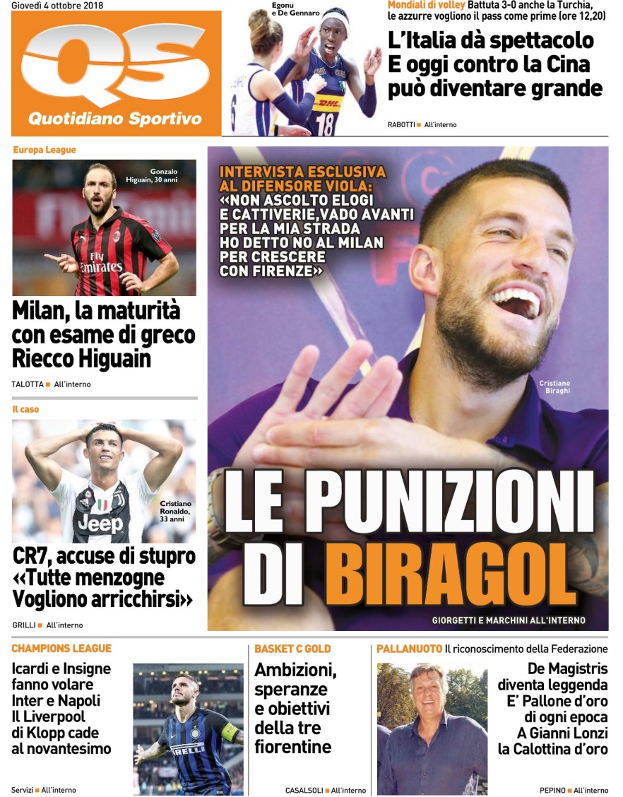 Quotidiani: la prima pagina di Qs, Stadio, Gazzetta, Corriere dello Sport e Tuttosport