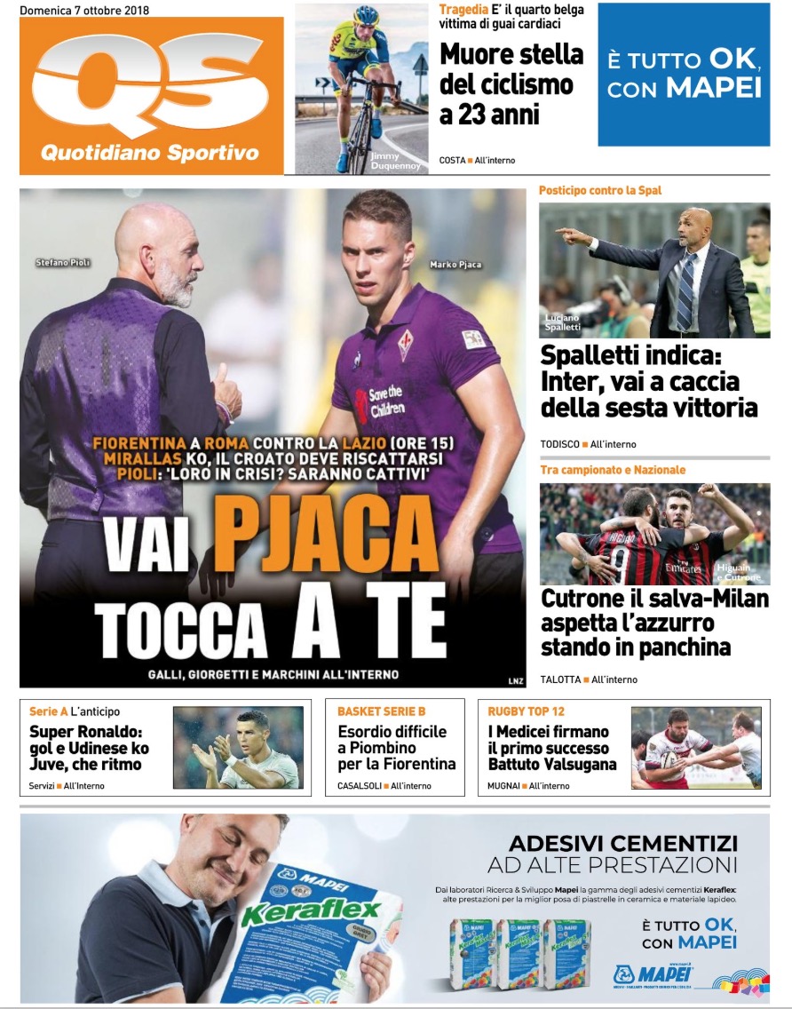 Quotidiani: la prima pagina di Qs, Stadio, Gazzetta, Corriere dello Sport e Tuttosport