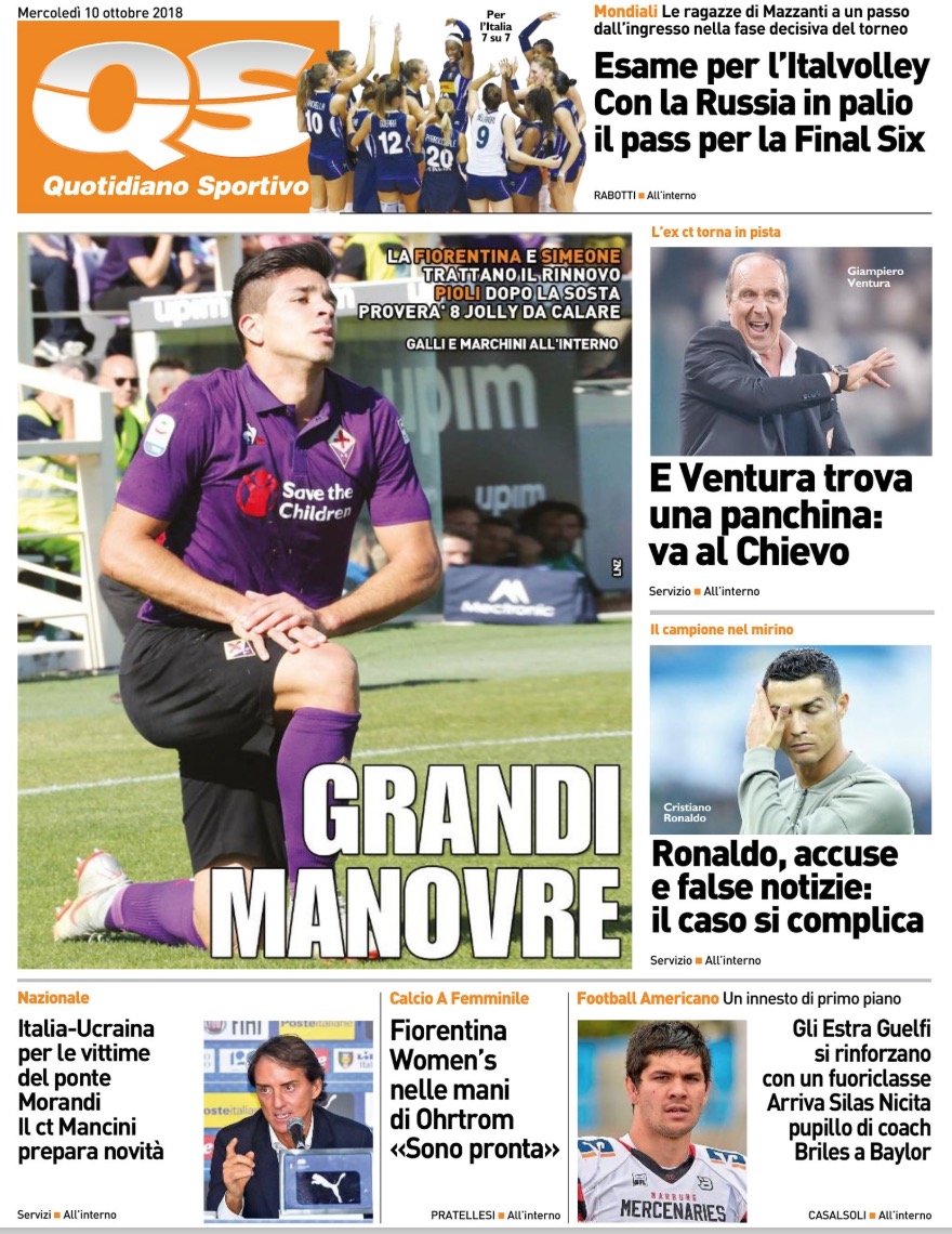 Quotidiani: la prima pagina di Qs, Stadio, Gazzetta, Corriere dello Sport e Tuttosport