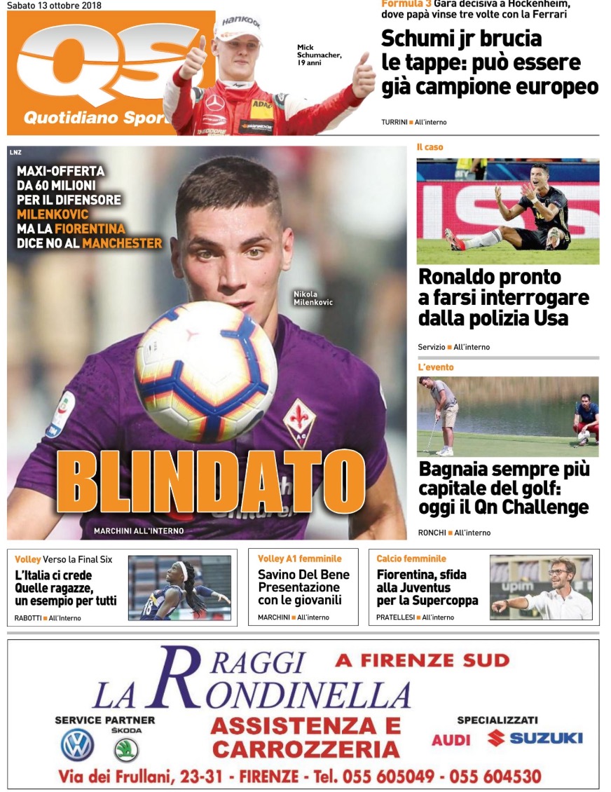 Quotidiani: la prima pagina di Qs, Stadio, Gazzetta, Corriere dello Sport, Tuttosport