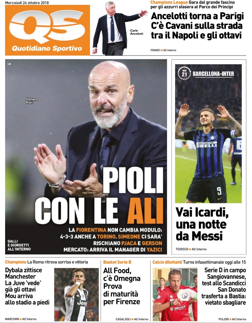 Quotidiani: la prima pagina di QS, Stadio, Gazzetta, Corriere dello Sport, Tuttosport