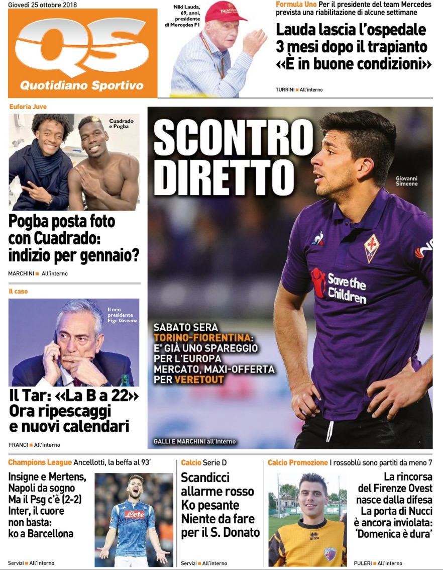 Quotidiani: la prima pagina di QS, Stadio, Gazzetta, Corriere dello Sport, Tuttosport
