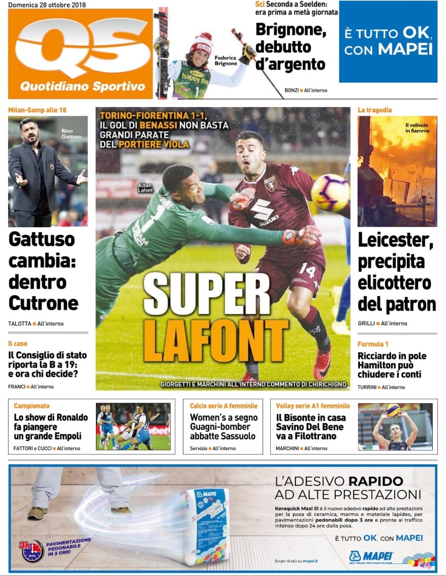 Quotidiani: la prima pagina di Qs, Stadio, Gazzetta, Corriere dello Sport, Tuttosport