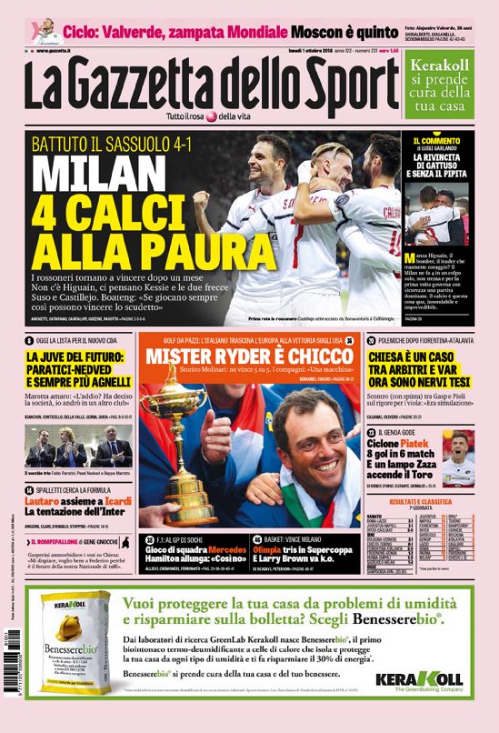 Quotidiani: la prima pagina di Qs, Stadio, Gazzetta, Corriere dello Sport, Tuttosport