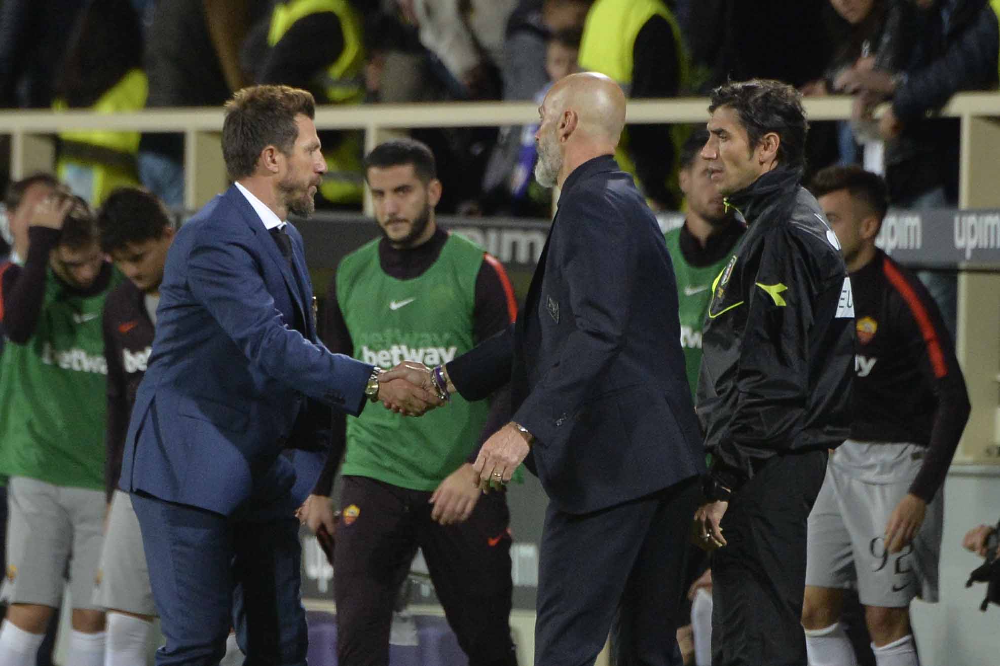 FIORENTINA-ROMA 03-11-2018 STEFANO PIOLI E EUSEBIO DI FRANCESCO SI SALUTANO A FINE PARTITA. GALASSI SILVANO/SILPRESS