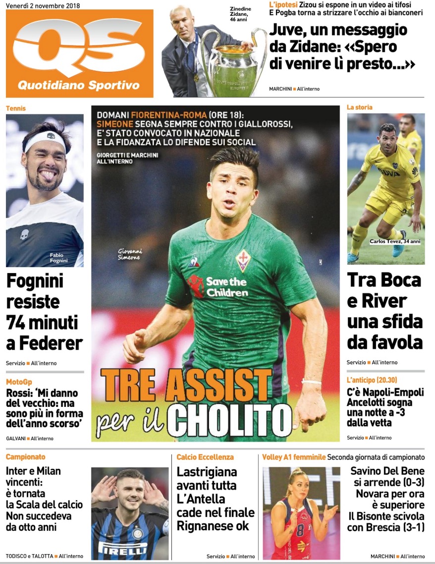 Quotidiani: la prima pagina di Qs, Stadio, Gazzetta, Corriere dello Sport, Tuttosport