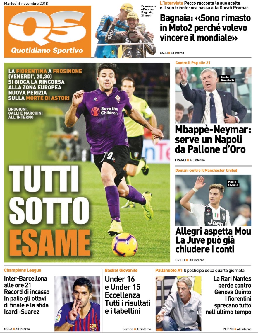 Quotidiani: la prima pagina di Qs, Stadio, Gazzetta, Corriere dello Sport, Tuttosport