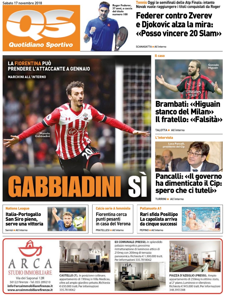 Quotidiani: la prima pagina di Qs, Stadio, Gazzetta, Corriere dello Sport, Tuttosport