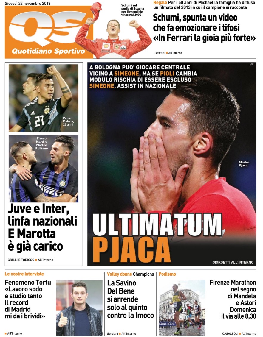 Quotidiani: la prima pagina di Qs, Stadio, Gazzetta, Corriere dello Sport, Tuttosport