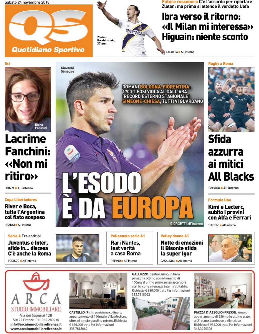 Quotidiani: la prima pagina di Qs, Stadio, Gazzetta, Corriere dello Sport, Tuttosport