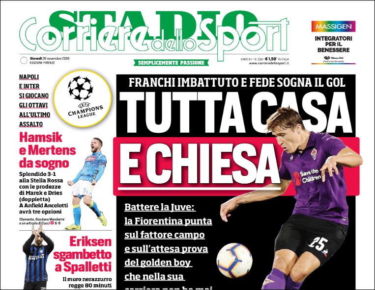 Quotidiani: la prima pagina di Qs, Stadio, Gazzetta, Corriere dello Sport, Tuttosport