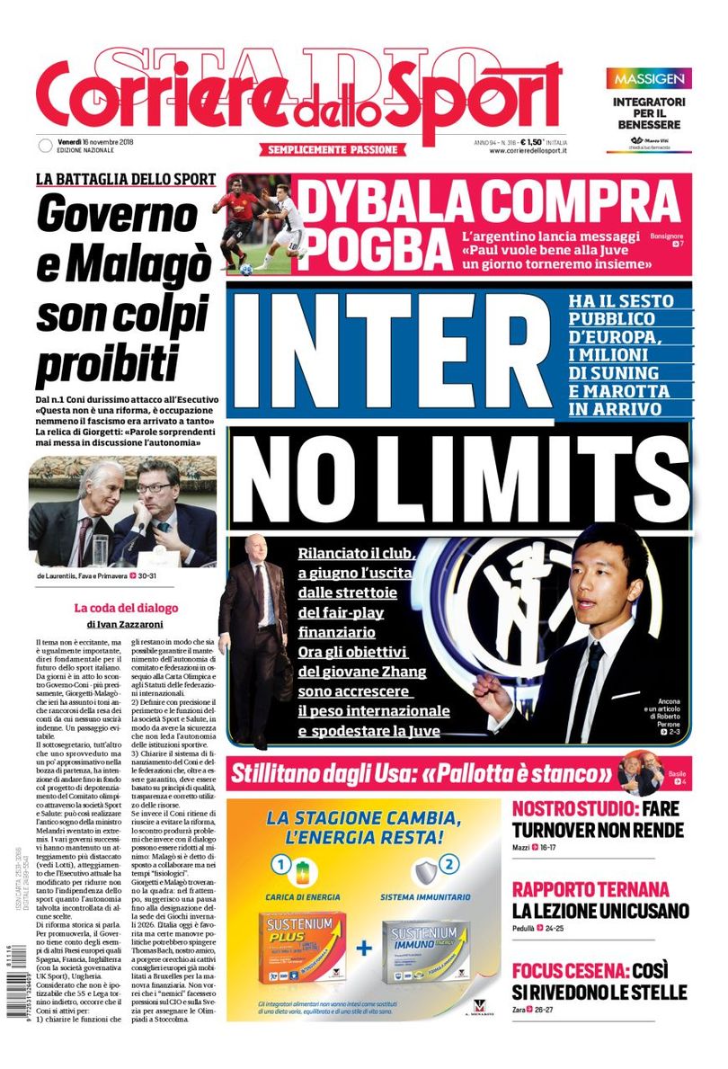 Quotidiani: la prima pagina di Qs, Stadio, Gazzetta, Corriere dello Sport, Tuttosport